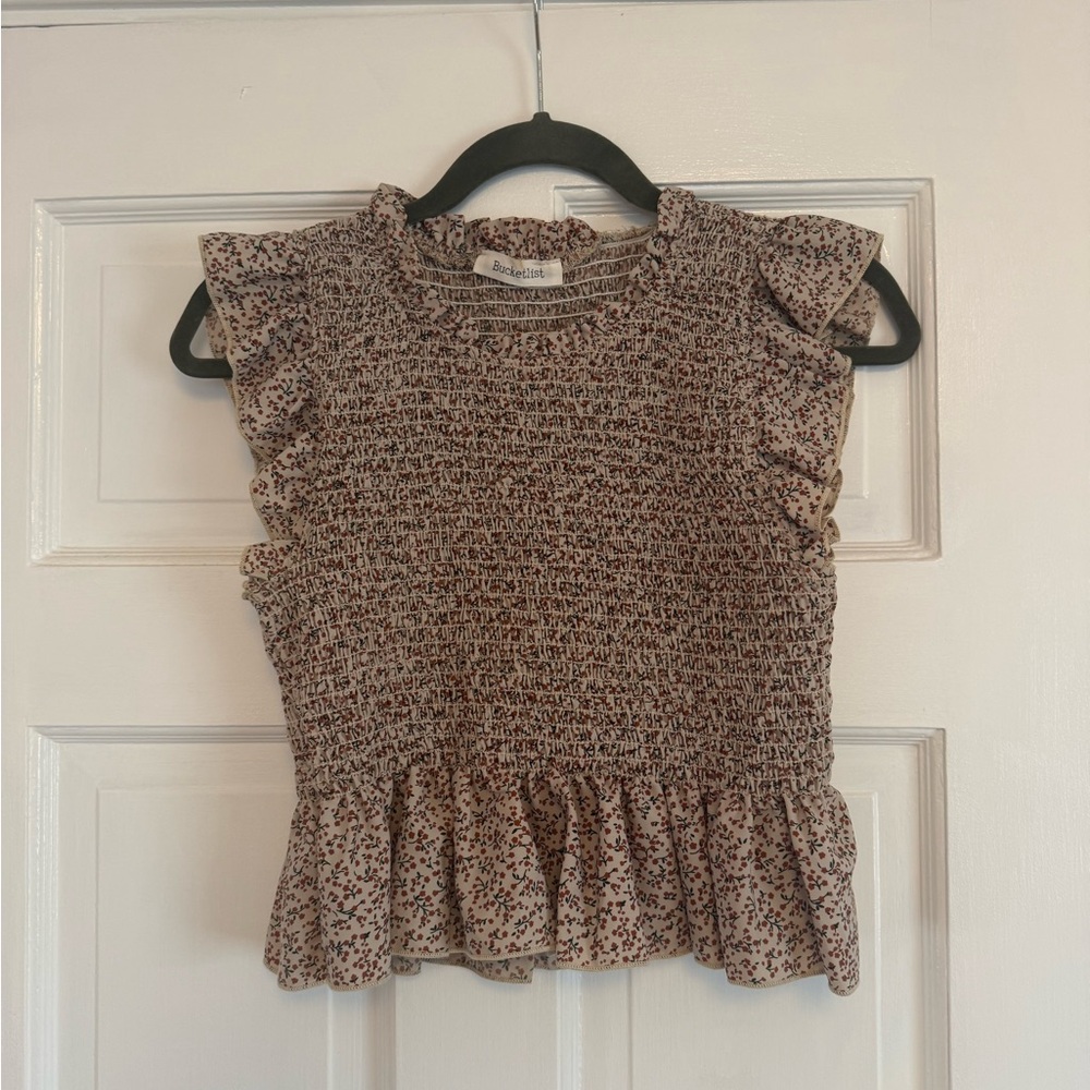BUCKETLIST Floral Ruffle Top - Brown and Pink